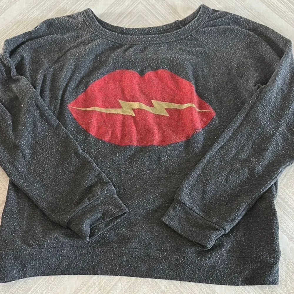 Lauren Moshi Women’s Gray Sweatshirt with Red and Gold Lip Design - Size XS